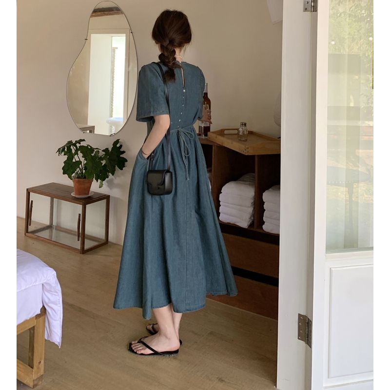 Ready stock phiên bản hàn quốc váy denim tươi mát mùa hè phong cách mới high-end váy tinh tế kích thước lớn hình quả lê lỏng lẻo trông mỏng hơn a-line s