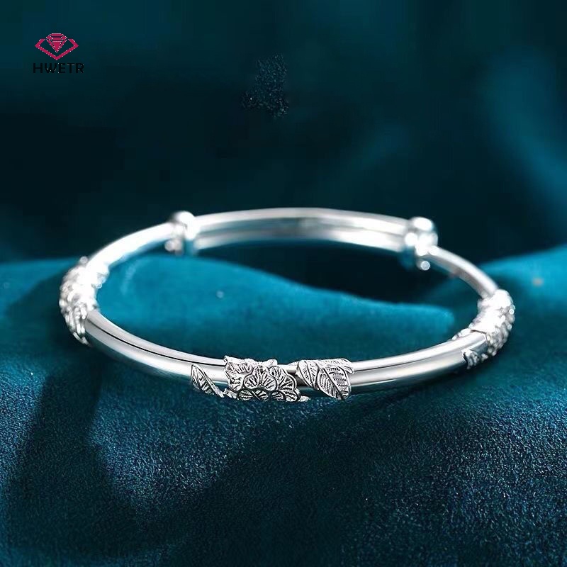 Hwetr 1pc silver women's full-blown flowers bracelet tinh tế và nhẹ mở vòng tay có thể điều chỉnh rắn vòng tay thời trang trang sức bạc mới