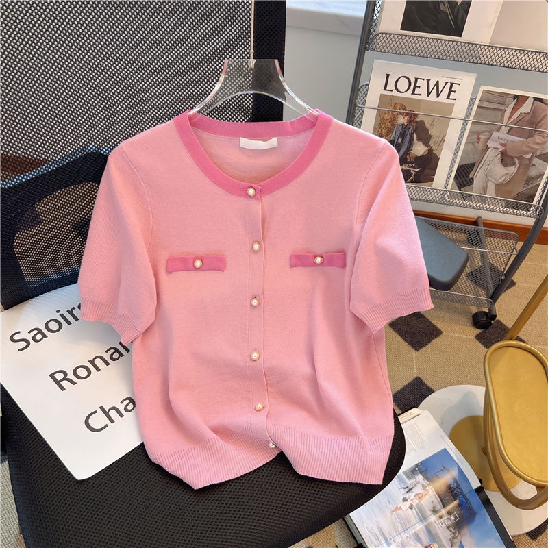 Korean thin top short-sleeved knitted cardigan t-shirt a67x