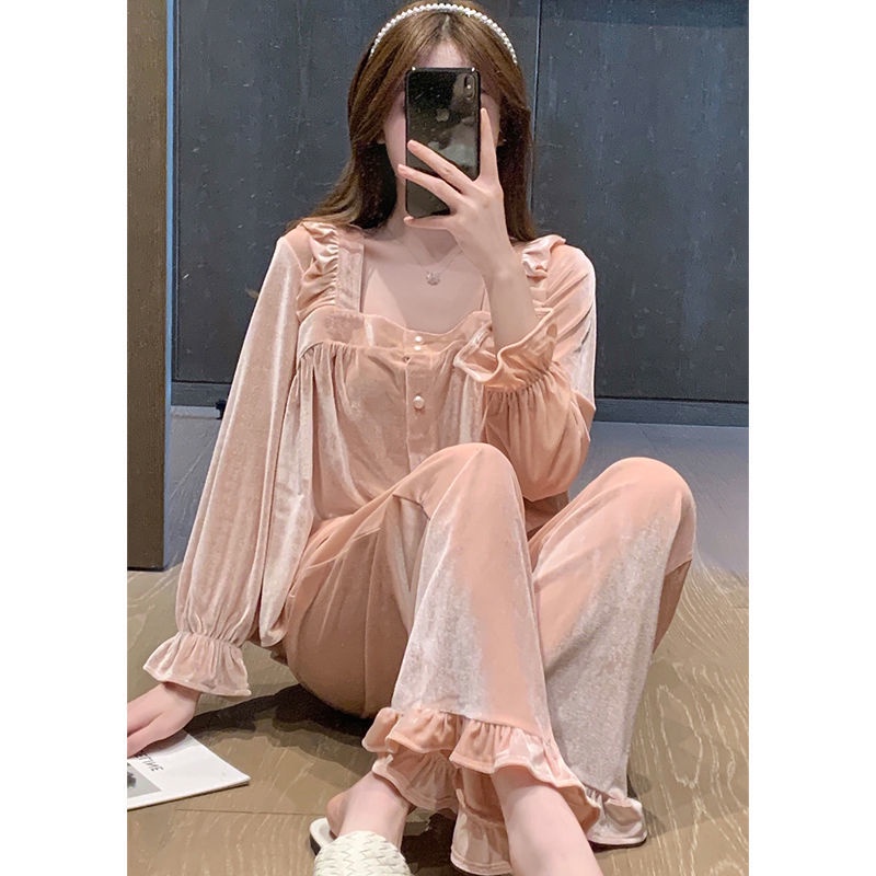 Golden velvet pyjamas women autumn winter princess sweet high-value có thể mặc bên ngoài quần áo ở nhà dài tay