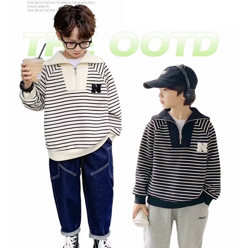 Áo polo AMILA tay dài dáng rộng họa tiết sọc ngang thời trang xuân thu cho bé trai áo polo bé trai