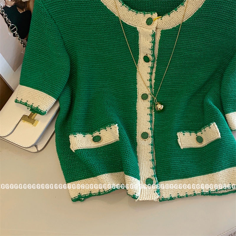 Áo khoác len dệt kim kiểu pháp t-shirt color-blocking loose short-sleeved top wade