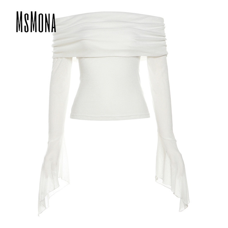 Áo thun nữ MsMona tay dài trễ vai ôm dáng vừa vặn màu trơn sexy thời trang mới 2023