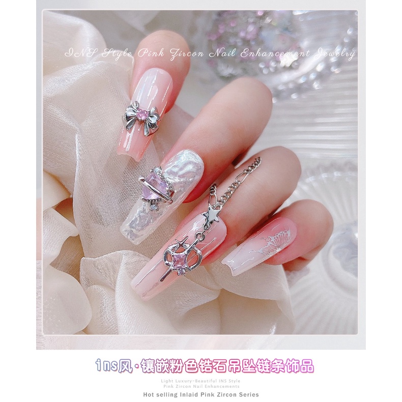 Dây Xích Kim Loại Mặt Nơ Đính Đá zircon Hồng Trang Trí Móng Tay