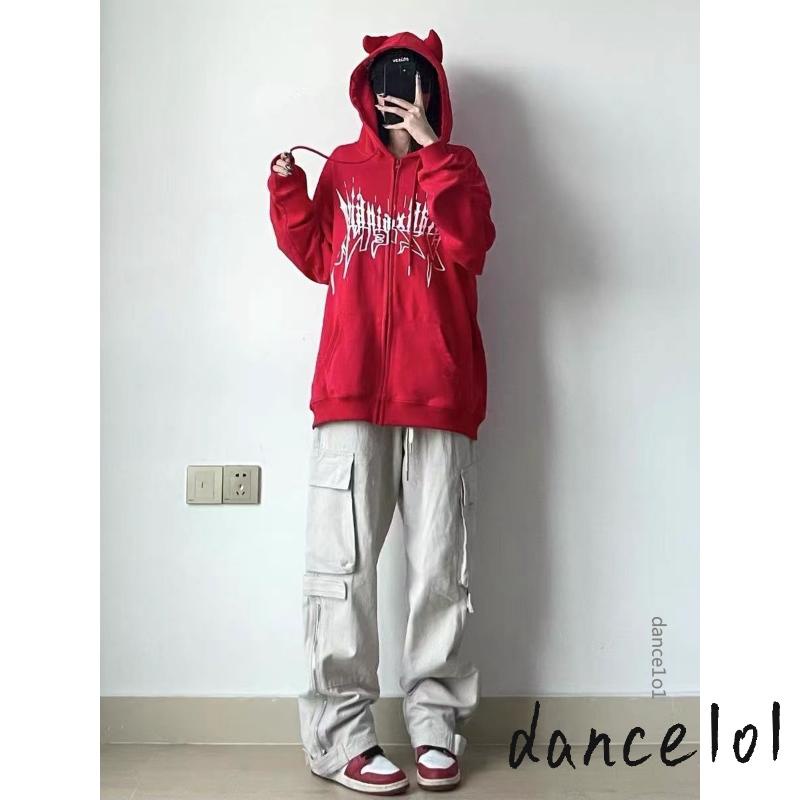 Dance1o1-nữ dài tay có mũ trùm đầu cánh in zip-up hoodie thời trang dạo phố có túi