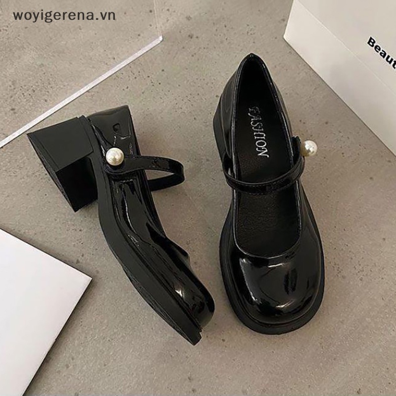Ena vintage mary jane shoes dành cho nữ với gót vuông màu đen chunky và đầu tròn bun ns