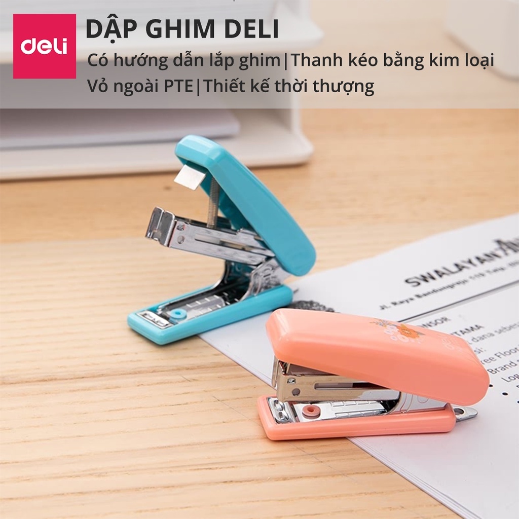 Dập ghim học sinh văn phòng mini Deli 12 trang, Ghim bấm giấy số 10 màu pastel hình gấu trúc dễ thương