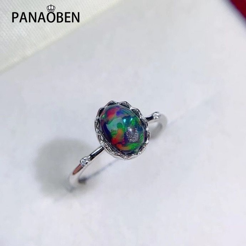 Thai ♥ Mới trong hình bầu dục màu đen opal bóng nhẫn đính hôn cho phụ nữ thời trang nhẫn trơn quyến rũ đồ trang sức tiệc mở có thể điều chỉnh