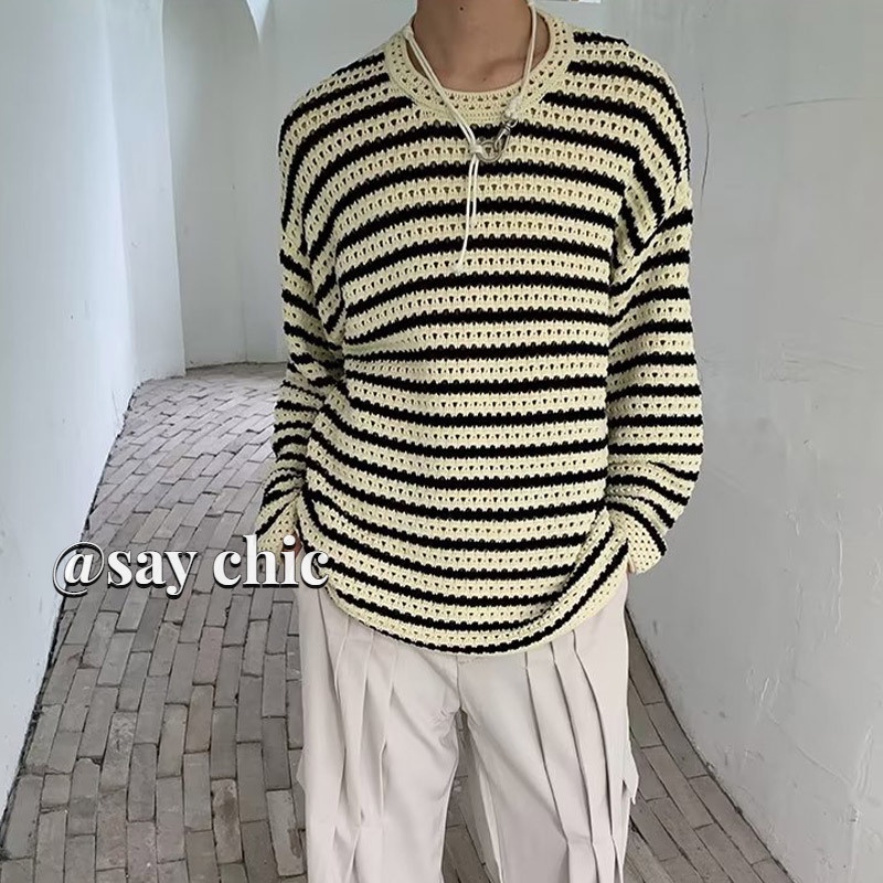 Men's knitwear new trend fashion simple all-match striped bottom shirt loose casual all-match long-sleeved sweater