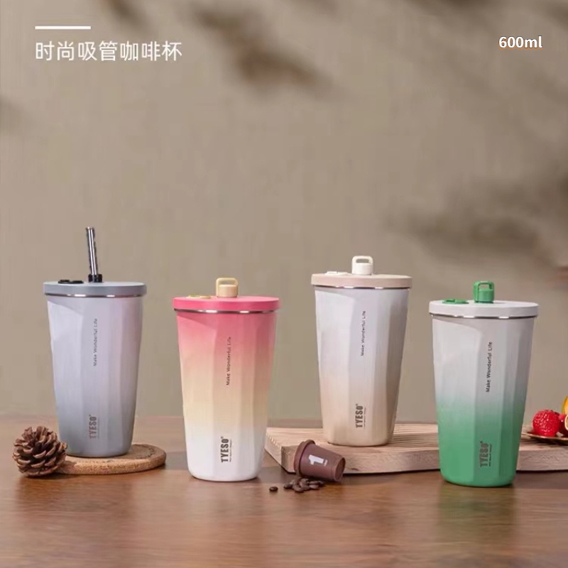 TYESO cốc giữ nhiệt thép không gỉ 304 công suất lớn ống hút cốc di động cốc cà phê lạnh cốc trà sữa cốc uống nước 600ML