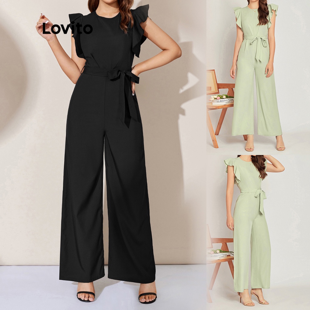 Lovito Bộ áo liền quần có dây thắt lưng rộng rãi kiểu dáng trơn trơn thanh lịch L25LD169 (Đen)