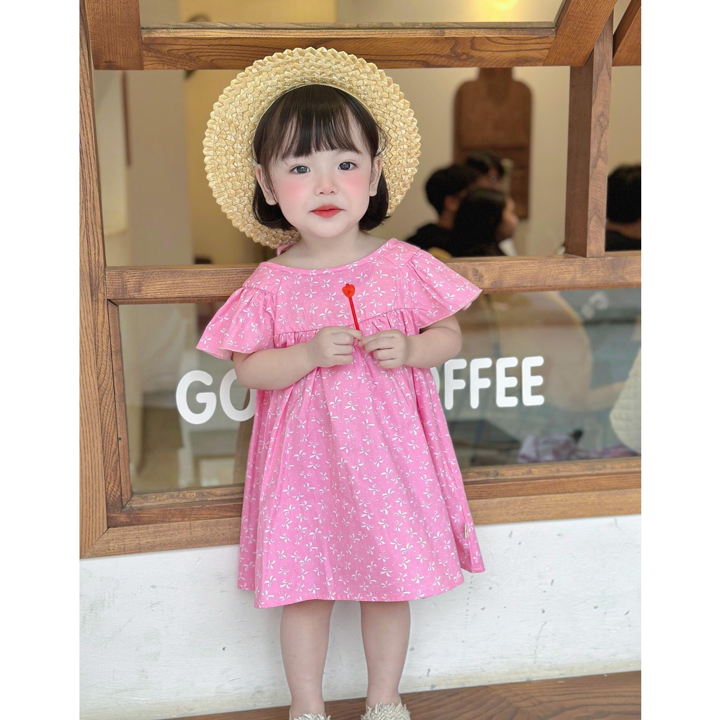 9-22kg Váy thô cotton dáng babydoll tay cánh tiên họa tiết nơ mozikids bé gái