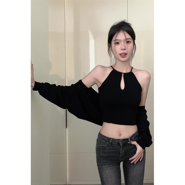 Bộ Đồ Hóa Trang Cô Gái Ngày Tháng Tư Xinh Xắn|Pure Desire to Wear ~ Áo Khoác Dệt Kim Sát Nách Cổ Yếm Ngắn / Đen Phong Cách Hàn Quốc Gợi Cảm + Khăn Choàng Nhỏ Che Nắng Riêng Biệt Mua Sắm