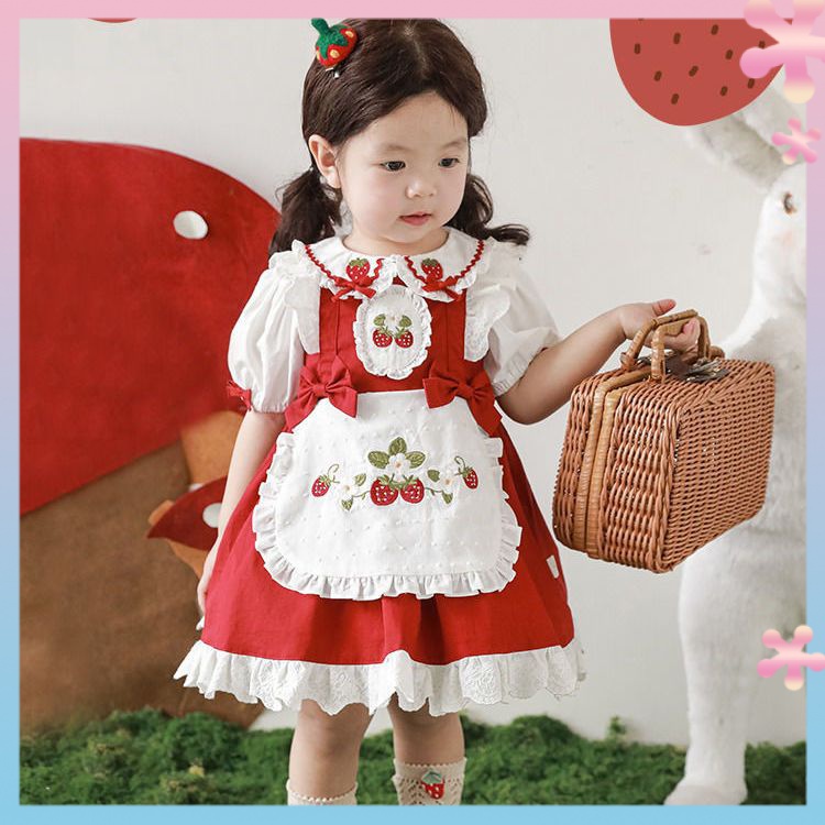 Đầm Công Chúa Thêu Hình Dâu Tây Đính Nơ Thời Trang Mùa Hè Cho Bé Gái