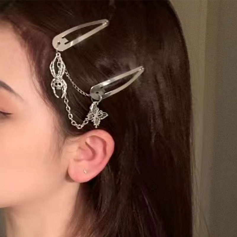 Gothic Gothic Dark Spider Butterfly Skull Hair Clip Vintage Tassel Chain Clip Personalized Design Spice Girl Y2k BB Clip