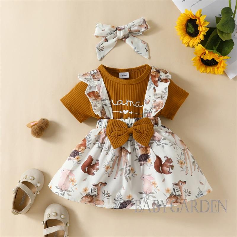 Bộ Áo Liền Quần Ngắn Tay In Chữ + Chân Váy Yếm + Băng Đô In Họa Tiết Động Vật Dễ Thương Cho Bé Gái 0-18 Tháng Tuổi