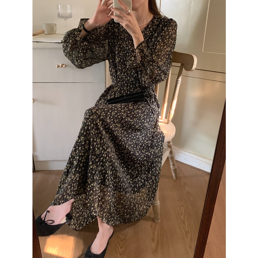 Đầm hoa SUXI tay phồng dài dáng chữ A cột dây cổ chữ V thời trang xinh xắn cho nữ