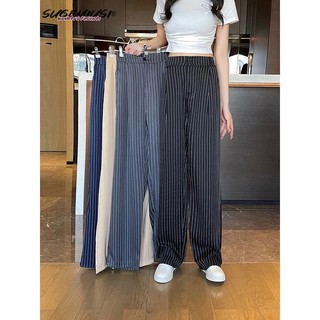 Sugemiusi - Quần Dài Lưng Cao Ống Rộng Họa Tiết Kẻ Sọc - Phong Cách Mới Cỡ Lớn s-4xl