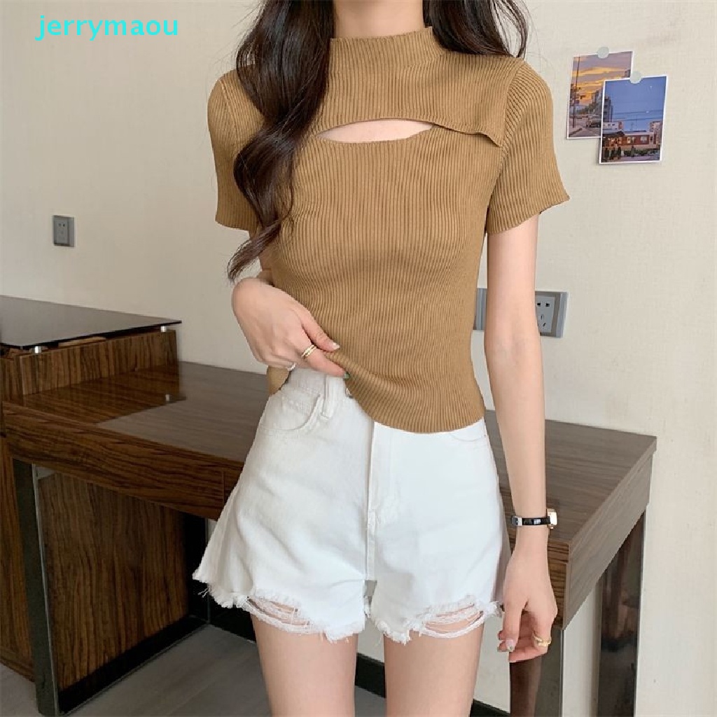 [JER] Áo Thun Croptop Dệt Kim Mềm Tay Ngắn Màu Trơn Khoét Rỗng Gợi Cảm Cho Nữ Thanh Thiếu Niên