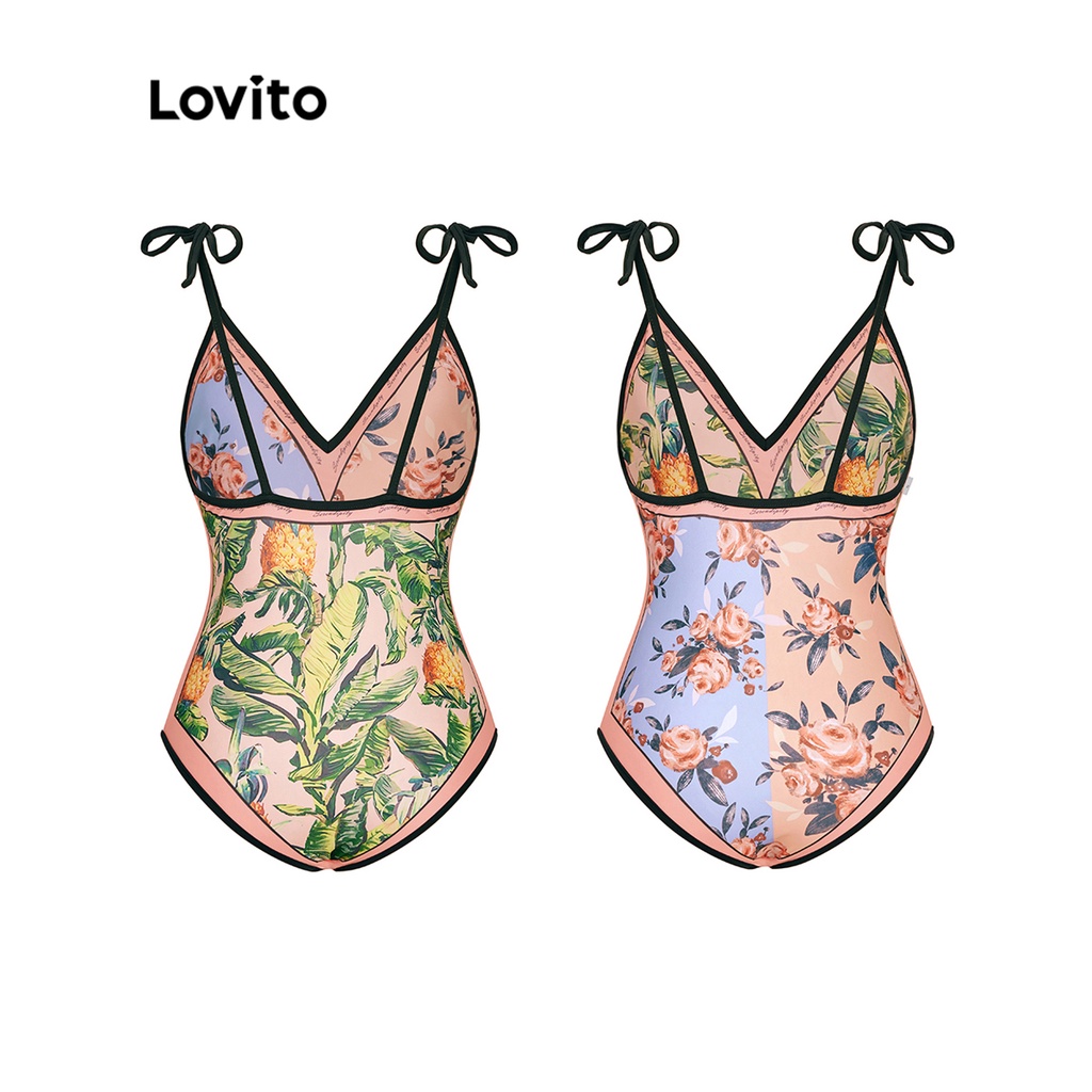 Đồ bơi một mảnh Lovito in họa tiết hoa nhí hai mặt cổ chữ V phối dây tương phản thắt dây phong cách boho cho nữ L48AD021 (màu hồng/ vàng/ đen)