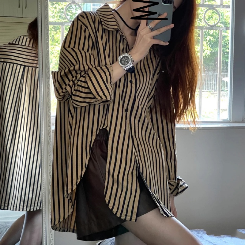 Lynki ❤ Áo Sơ Mi Tay Dài Dáng Rộng Họa Tiết Kẻ Sọc Thời Trang retro Cho Nữ