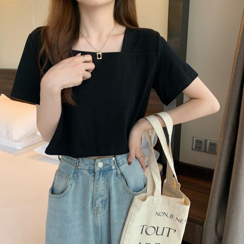 IELGY     Áo Croptop Tay Ngắn Cổ Vuông Dáng Rộng Màu Trắng Phong Cách Pháp Thời Trang Cho Nữ