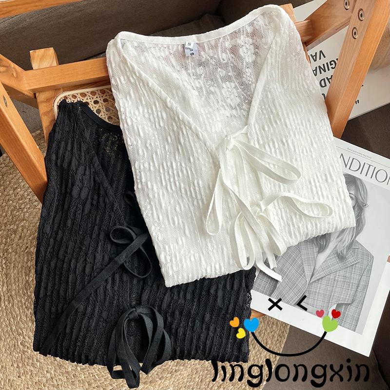 Áo Kiểu 2 Dây Buộc Cổ V Tay Dài Thêu Hoa Xinh Xắn Cho Bạn Gái