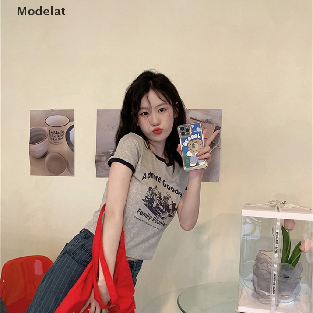 Áo thun croptop GJCUTE cổ tròn tay ngắn in họa tiết độc đáo