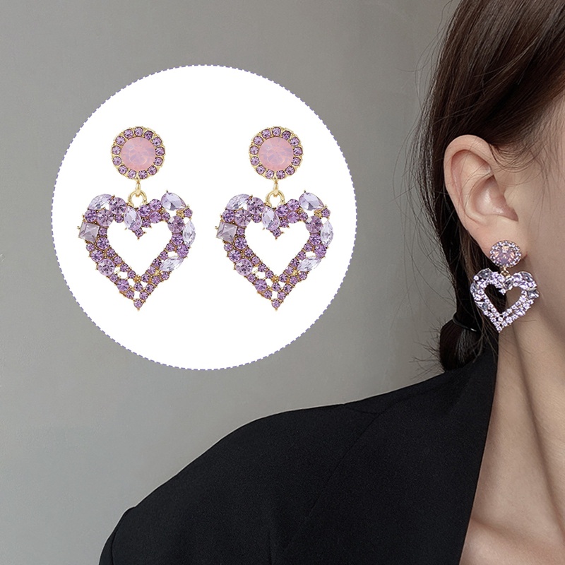 Bông Tai Hình Trái Tim Màu Tím Đính Pha Lê Lấp Lánh Dễ Thương Cho Nữ