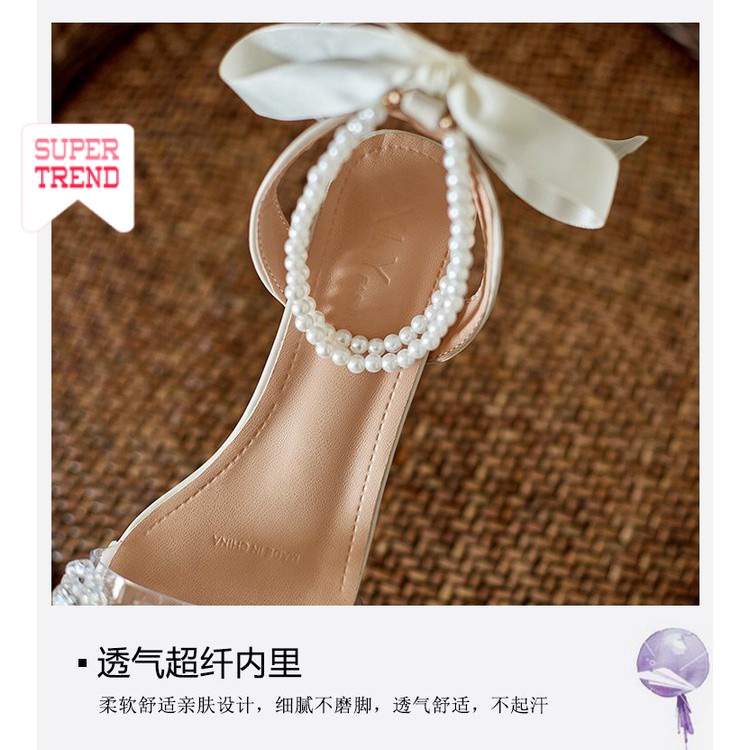 Sandal Gót Cao Mũi Vuông Quai Trong Suốt Phối Ngọc Trai Thời Trang