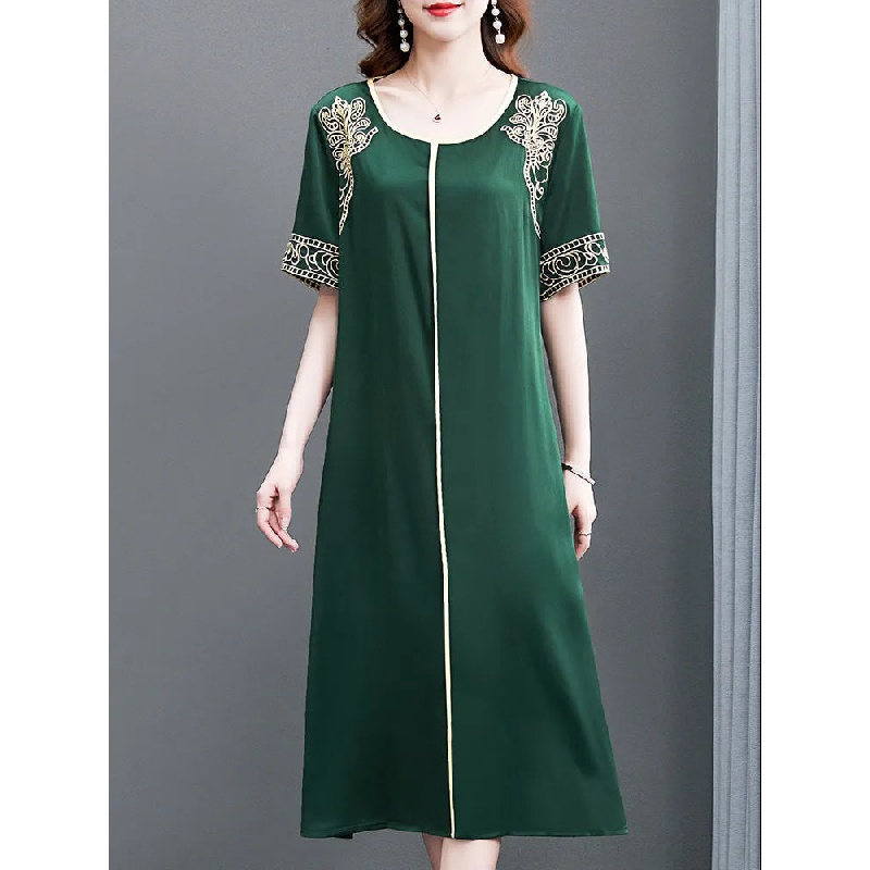 Đầm Dài Cổ Tròn Dáng Rộng Thêu Họa Tiết Thổ Cẩm Kiểu Retro Xinh Xắn Cho Nữ