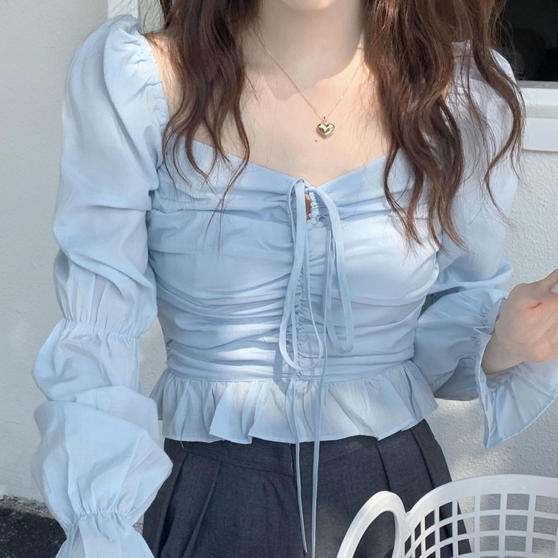 IELGY Áo Croptop Cổ Vuông Tay Phồng Phong Cách Pháp Cổ Điển Thời Trang Cho Nữ