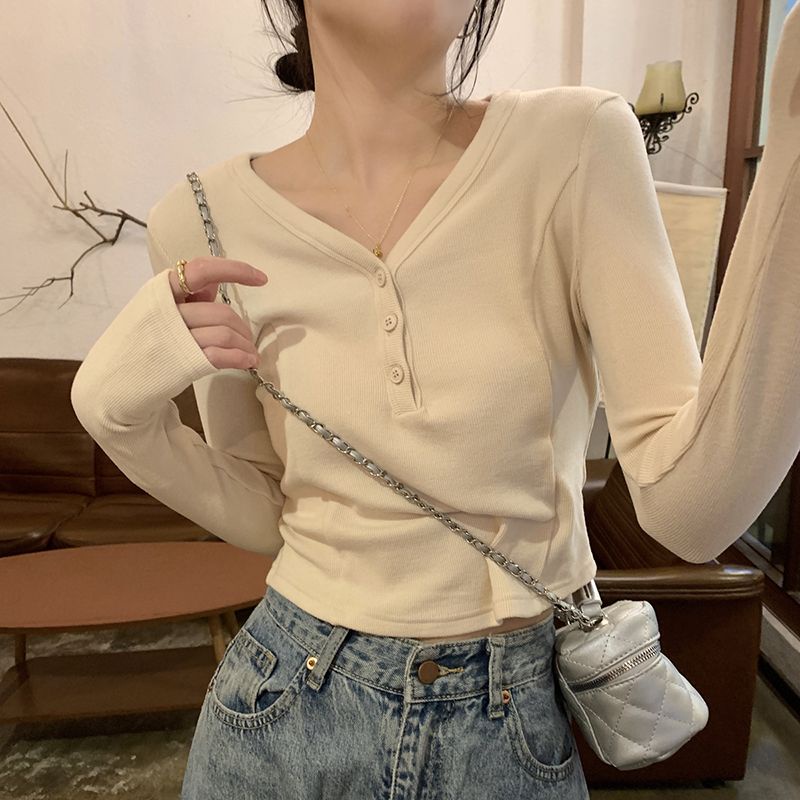 Áo Thun Tay Dài Cổ Chữ V Ôm Dáng Phong Cách Hàn Quốc Mới Cho Nữ