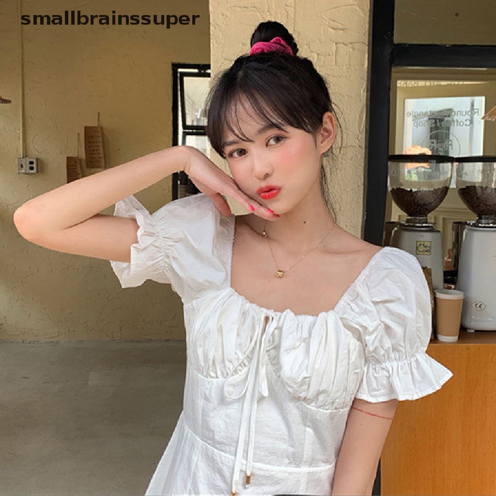 Đầm ulzzang Tay Ngắn Cổ Vuông Màu Trắng Phong Cách Retro Đáng Yêu Cho Nữ