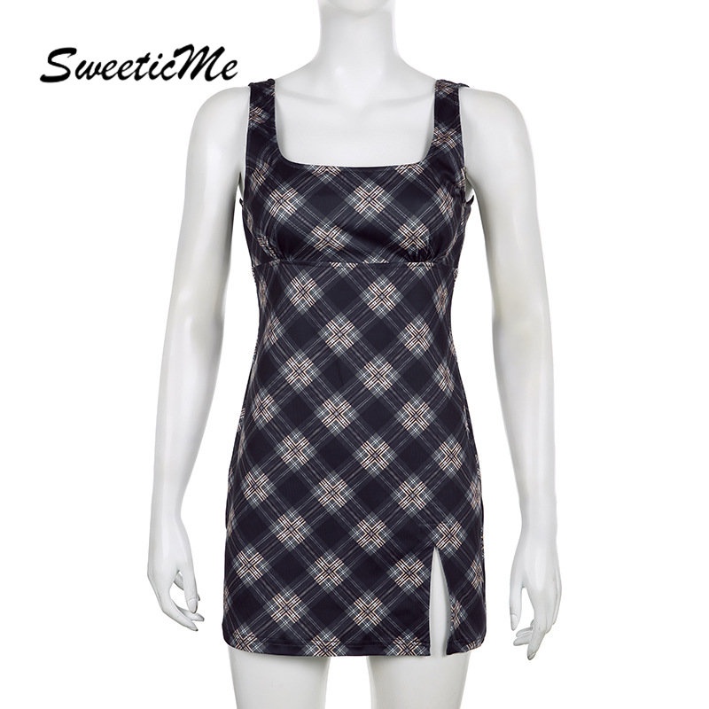 Đầm Ngắn Cổ Vuông Hở Lưng Xẻ Tà Họa Tiết Kẻ Sọc Màu Tương Phản Thời Trang Mới 2023 Dành Cho Bạn Nữ