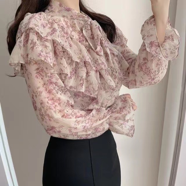 Floral Blouse Chiffon Shirt Áo Sơ Mi Dài Tay Cao Cấp Họa Tiết Hoa Phong Cách Pháp Thời Trang Mùa Xuân Mới Cho Nữ