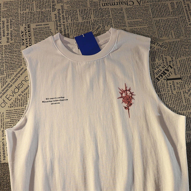 American Fashion Brand Retro Rose Cotton Vest Men's Loose Outer Wear Ins Street Style Sleeveless T-shirt Sports Top XCUU