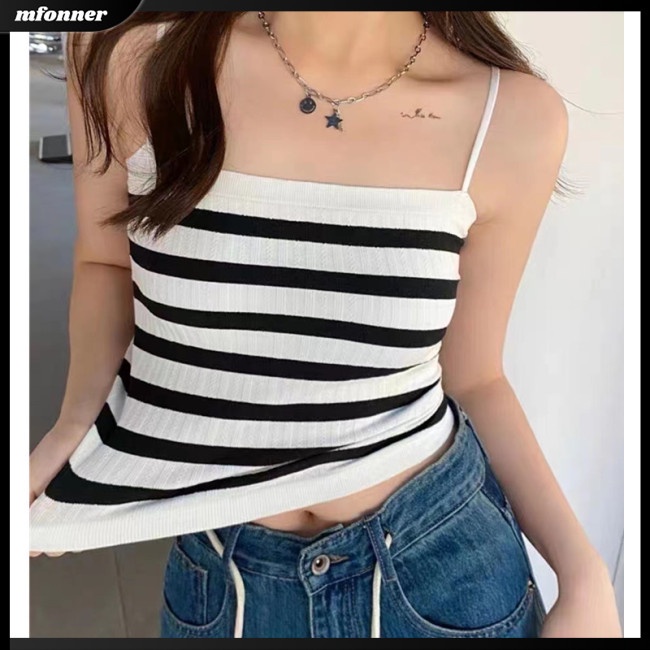 Áo Croptop Hai Dây Sát Nách Kẻ Sọc Màu Tương Phản Mềm Mại Thoải Mái Cho Nữ