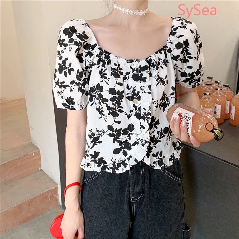 Áo Kiểu Tay Phồng Cổ Vuông Họa Tiết Hoa Phong Cách Hàn Quốc