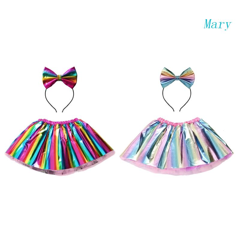 Bộ 2 Chân Váy Tutu Màu Cầu Vồng Lấp Lánh Phối Băng Đô Nơ To Dễ Thương Cho Bé Gái