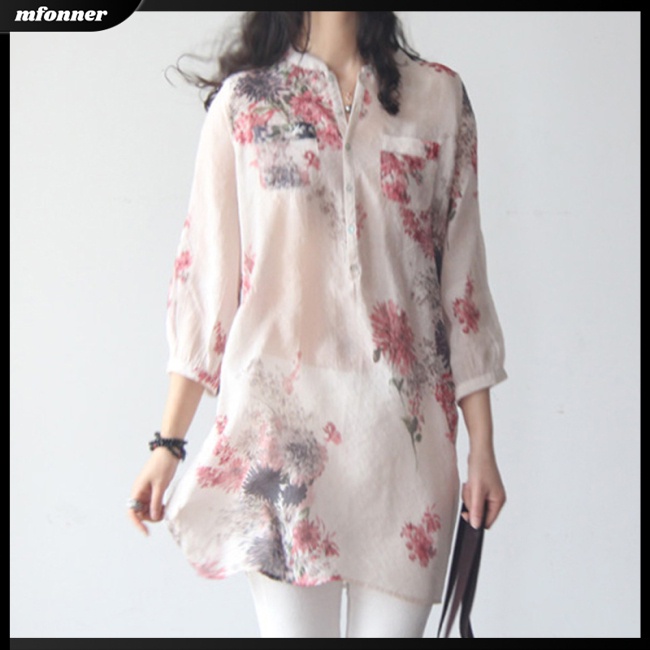 Áo Sơ Mi Cotton Lanh Ngắn Tay Họa Tiết Hoa Thời Trang Cho Nữ
