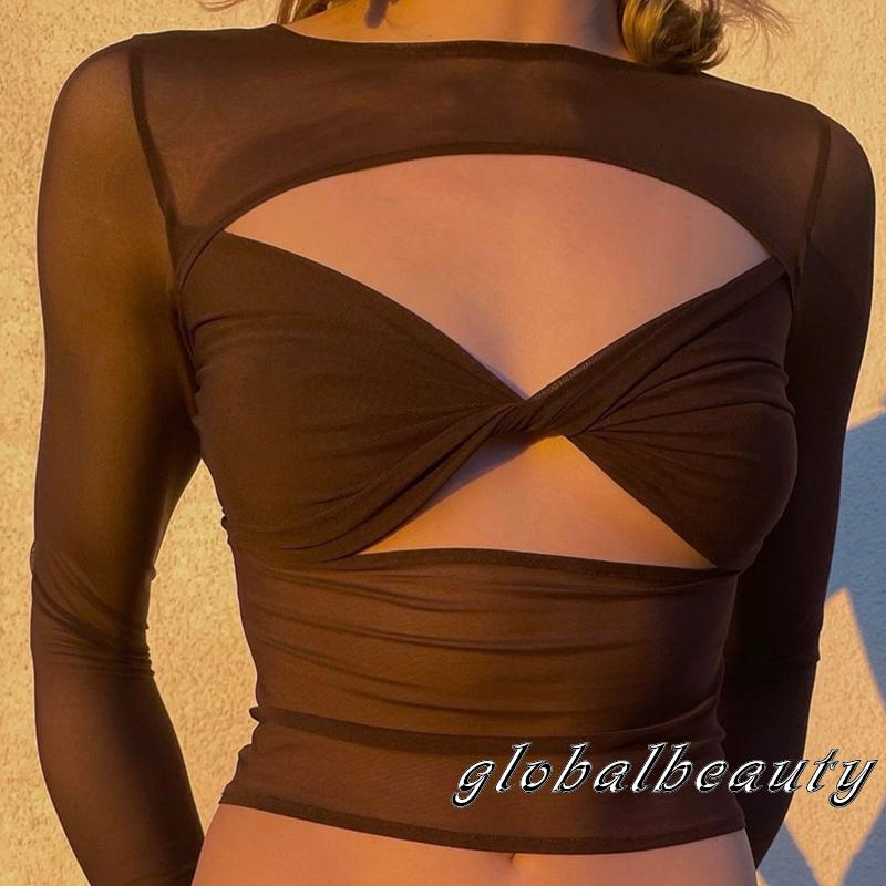 Áo Thun Dài Tay Màu Trơn Phối Lưới Thời Trang Cho Nữ