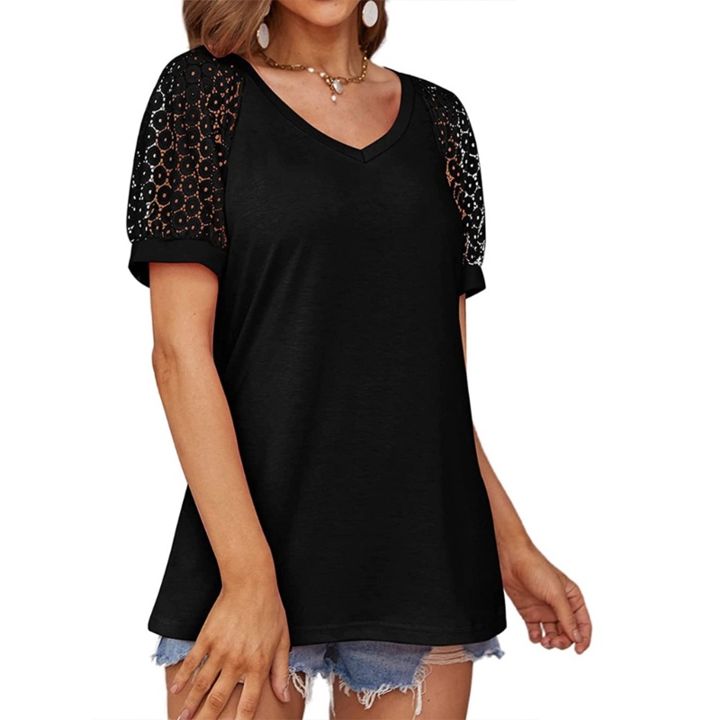 Áo Kiểu Tay Ngắn Phồng Cổ Chữ V Màu Trơn Dáng Rộng Thời Trang Mùa Hè Xinh Xắn Cho Nữ