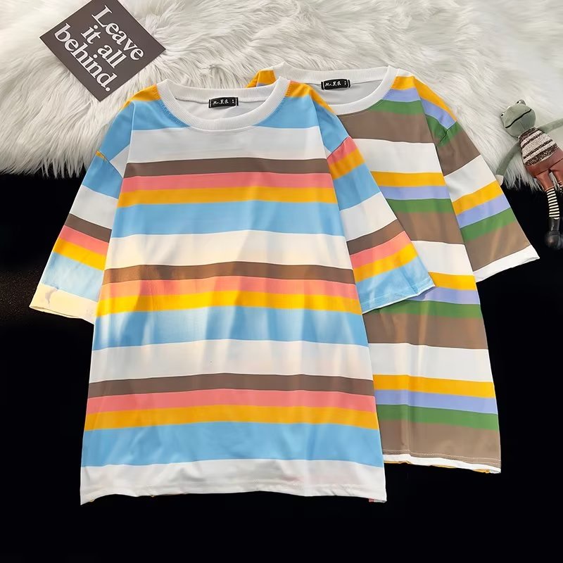 Áo Thun Tay Ngắn Cổ Tròn Họa Tiết Kẻ Sọc Thời Trang Mùa Hè 2023 Mới Cho Nam