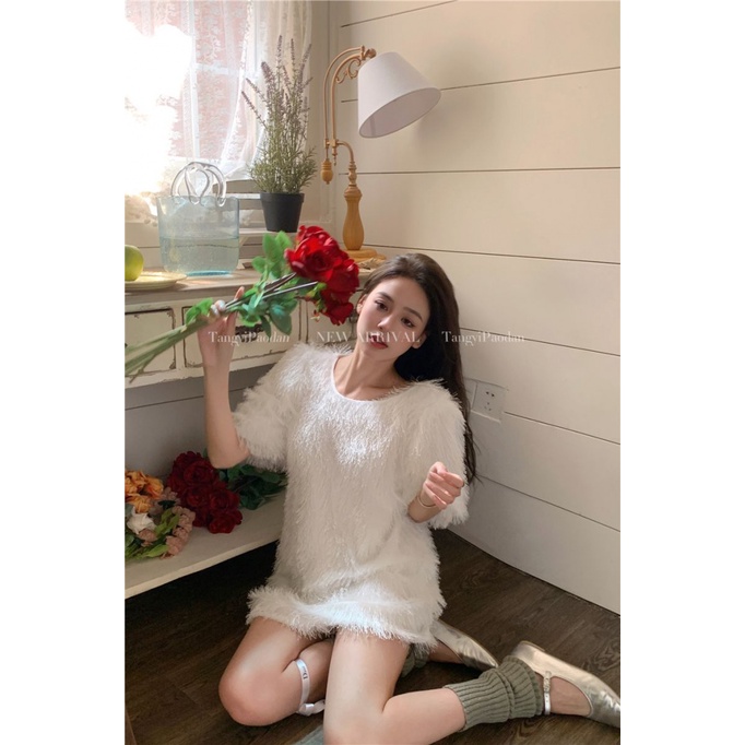 High-end short skirt tassels sweet and soft women all-match fairy White Goddess short sleeve dress Super fairy Mao Mao temperament VTGX