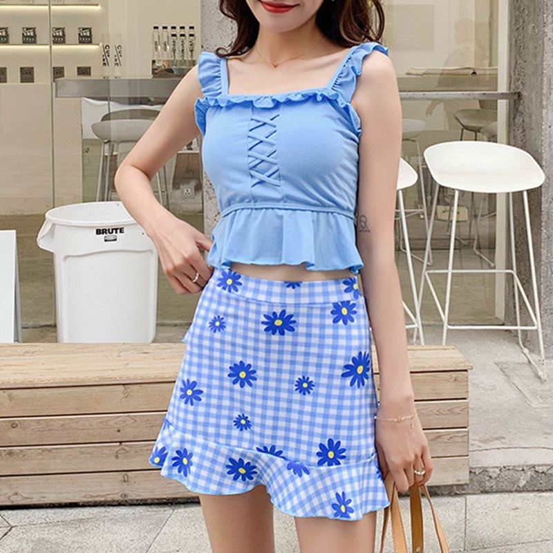 IELGY  Bộ Đồ Bơi Hai Mảnh In Hình Hoa Cúc Nhỏ Kín Đáo Thời Trang Cho Nữ