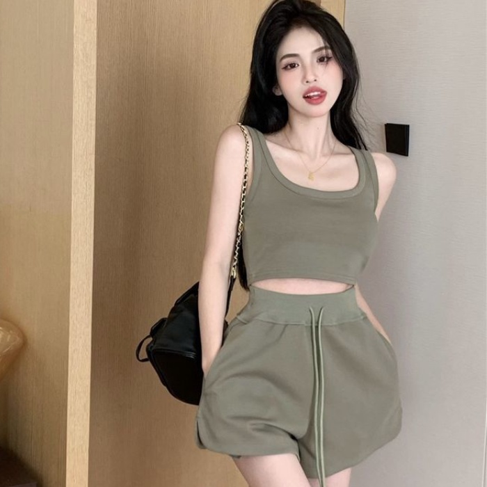COZOKC Set Áo Không Tay Cổ Chữ U + Quần Short Lưng Cao Năng Động Thời Trang