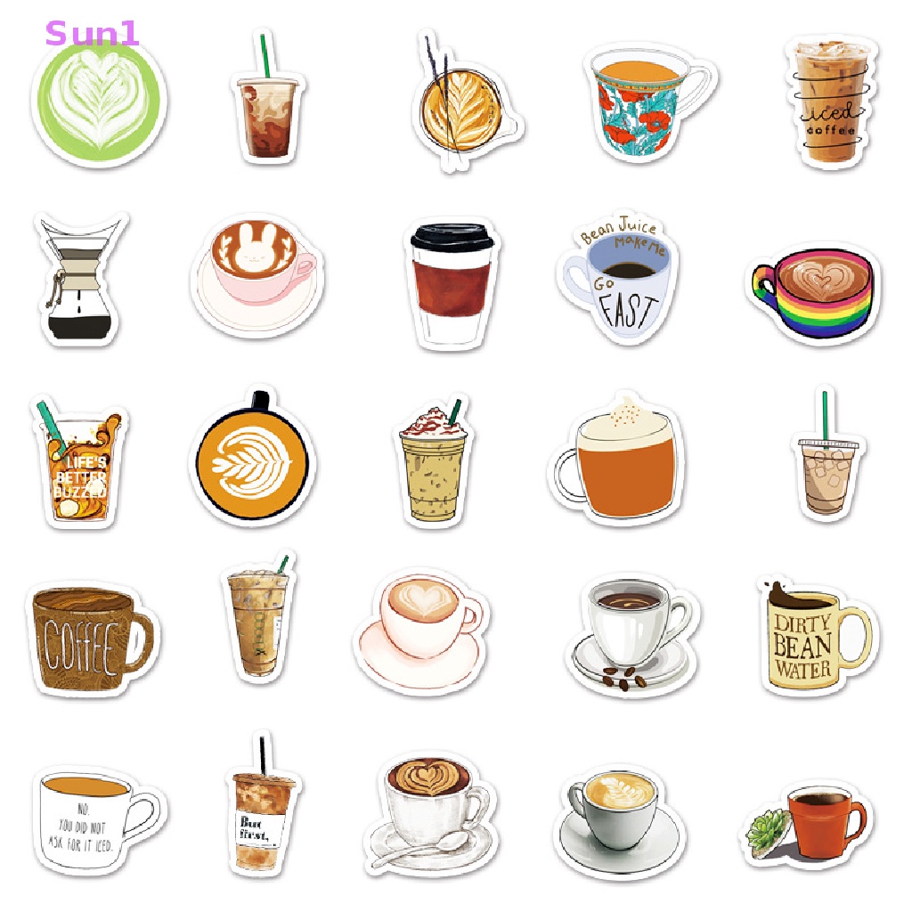 Set 50 Sticker Họa Tiết Cà Phê Hoạt Hình Trang Trí Laptop / Xe Scooter DIY