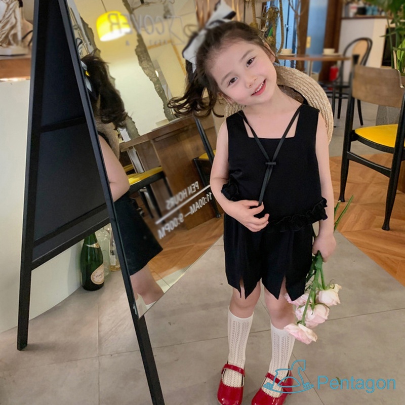Bộ Áo Cotton Cổ Vuông + Quần Short Dáng Rộng Màu Trơn Thời Trang Mùa Hè Cho Bé Gái