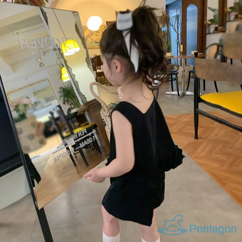 Bộ Áo Cotton Cổ Vuông + Quần Short Dáng Rộng Màu Trơn Thời Trang Mùa Hè Cho Bé Gái